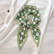 小长条窄丝巾女绿色格子春秋，丝带发带飘带装饰搭配衬衫领巾薄围巾