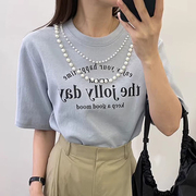 韩国chic夏季复古减龄圆领珍珠点缀设计宽松百搭字母印花短袖T恤