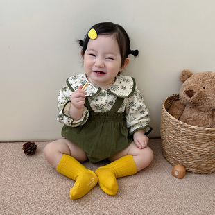 婴童套装韩版洋气外出服婴儿，娃娃衫碎花，上衣背带包屁裤两件套