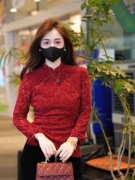 新中式女装红色国风立领衬衫2024春季植绒蕾丝长袖打底衫上衣