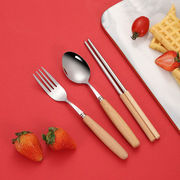 纯木柄餐具套装不锈钢便捷式三件套儿童汤勺筷子叉子勺子