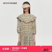 IIIVIVNIKO“高支新疆长绒棉”印花泡泡袖连衣裙女M120611151D