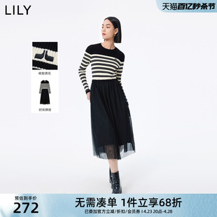 lily女装气质复古条纹，假两件优雅高腰，通勤连衣裙简约小黑裙