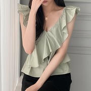 韩国chic夏季法式小众设计感交叉荷叶边拼接V领系带短款背心上衣