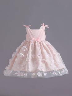 外贸夏季ins婴幼儿女宝宝吊带，蝴蝶结粉色花朵生日表演礼服公主裙