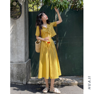 花吉Q209黄色V领蝴蝶结系带短款衬衫女2022外穿夏半身裙套装