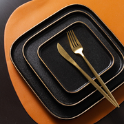 黑色磨砂带金边陶瓷正方形，盘子家用牛排，餐盘西餐盘点心盘碟子餐具