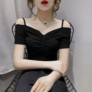 短袖t恤女夏季韩版修身显瘦性感，露肩锁骨一字领上衣ins潮