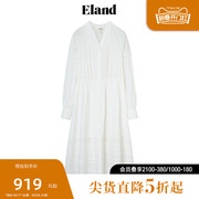 Eland衣恋连衣裙女纯棉V领收腰蕾丝花边优雅中长裙2024春季