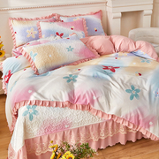 a类床盖四件套浪漫印花被罩三件套花边水洗棉麻单品夹棉被套