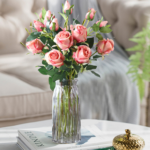 保加利亚玫瑰花仿真花束套装美式欧式装饰花假花绢花客厅摆件花瓶