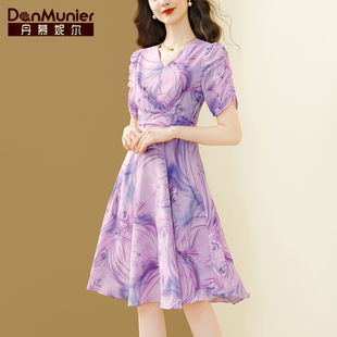 丹慕妮尔紫色法式雪纺，印花连衣裙女2024夏季气质，v领收腰a字裙