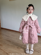 韩国版时髦棉衣2023冬款女童毛毛翻领夹棉加厚腰带长款棉服棉袄潮