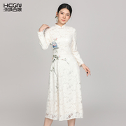 蕾丝秋季中国风精致刺绣花简洁优雅显瘦长袖立领女显瘦蕾丝连衣裙