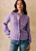 23年法式小众立体镂空蕾丝手工花式钩花针织开衫毛衣紫色