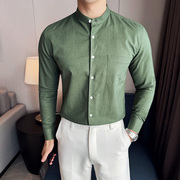 英伦亚麻衬衫男长袖薄款潮流帅气修身休闲立领纯色衬衣C2402-P68