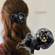 31街大气黑色绢纱气质发饰花朵头饰发夹后脑勺发卡扭扭夹原创设计
