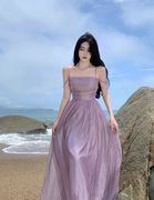 紫色温柔褶皱抹胸吊带连衣裙女夏季2024洋气肌理感收腰长裙子