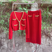高品重手工 喜庆大红色过年时髦短款针织开衫包臀长裙套装新娘服