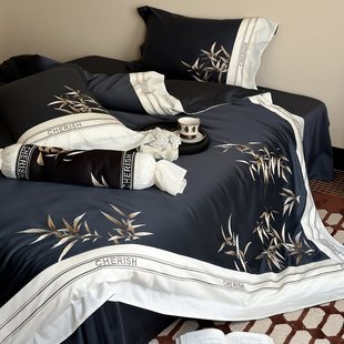夏季100S双股澳棉四件套新中式纯棉精致刺绣全棉被套床单床上用品