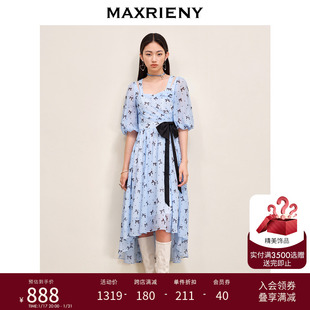 maxrieny秋季复古风蝴蝶结，波点连衣裙收褶堆叠设计感飘带裙子