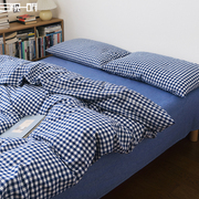 色织无印丨全棉水洗棉四件套纯棉蓝色格子床上床单被套床品三件套