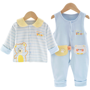 婴儿春季薄款套装宝宝，双层夹衣背带裤，两件套小童纯棉卡通外出服