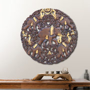 东南亚泰式复古实木镂空雕刻圆形雕板沙发背景墙木制壁挂装饰壁画