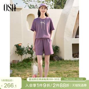 osa欧莎紫色运动休闲套装女夏季设计感圆领，短袖t恤短裤两件套