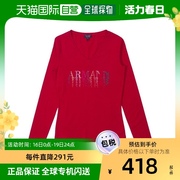香港直发EMPORIO ARMANI阿玛尼女士红色v领长袖徽标T恤6X5T44JABZ