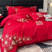 T61中式刺绣全棉婚庆四件套大红色床单被套纯棉结婚喜字床上用