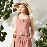 出口法国外贸原单2023夏季女装休闲亚麻小吊衫，休闲小衫皮粉色