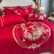 高端婚庆家纺红色四件套100支长绒棉刺绣十件套结婚床上用品陪嫁