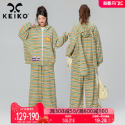 keiko兔耳朵连帽卫衣套装春季复古绿条纹开衫外套+阔腿长裤两件套