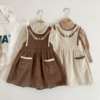 2023韩版春秋款童装两件套连衣裙，森系女童打底衫，刺绣灯芯绒背心裙