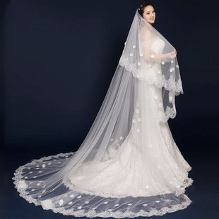 欧美简约头纱新娘韩式结婚婚纱头纱，头饰长拖尾摄影旅拍凹造型头纱