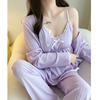 香芋紫吊带睡衣女士，春秋季长袖纯棉性感，带胸垫四件套家居服夏薄款