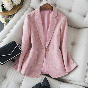 早春西服ins粉色羊毛西装设计感夹花大口袋装饰气质，小西装外套女