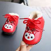 红色麋鹿款加绒加厚软底棉鞋冬季宝宝防滑系带，学步鞋子保暖一