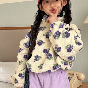 韩国儿童装2023冬季CCOMMA淑女大童花朵毛绒保暖时尚休闲卫衣