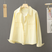 短款纯棉衬衫外套，女2024春秋季小个子，穿搭上衣叠穿衬衣浅黄色