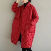 加肥加大码中长款羽绒棉服200斤宽松红色棉衣2023冬季外套女