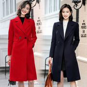 时尚毛呢大衣春秋冬季外贸女装气质中长款西装领显瘦红色外套