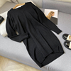 1.1斤黑色宽松v领毛线连衣裙，秋季长袖中长裙时尚休闲洋气