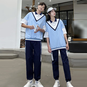 情侣学院风短袖宽松T恤长裤子两件套夏初中学生校服班服运动套装