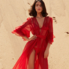 红色性感沙滩裙荷叶袖雪纺连衣裙修身显瘦大摆v领收腰长裙超仙女