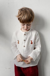 特特家 立陶宛小爱丽丝同款夏季亚麻手工刺绣男女宝宝长袖衬衫