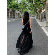 辰米范 法式黑色v领连衣裙吊带裙女气质显瘦包臀裙网纱拼接收腰裙