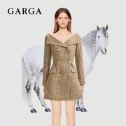 garga金色气质优雅露肩，收腰长袖连衣裙女2023秋季高级感短裙