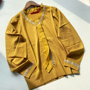 复古橙黄色真丝桑蚕丝针织衫含羊毛保暖长袖上衣花边蝴蝶结领毛衣